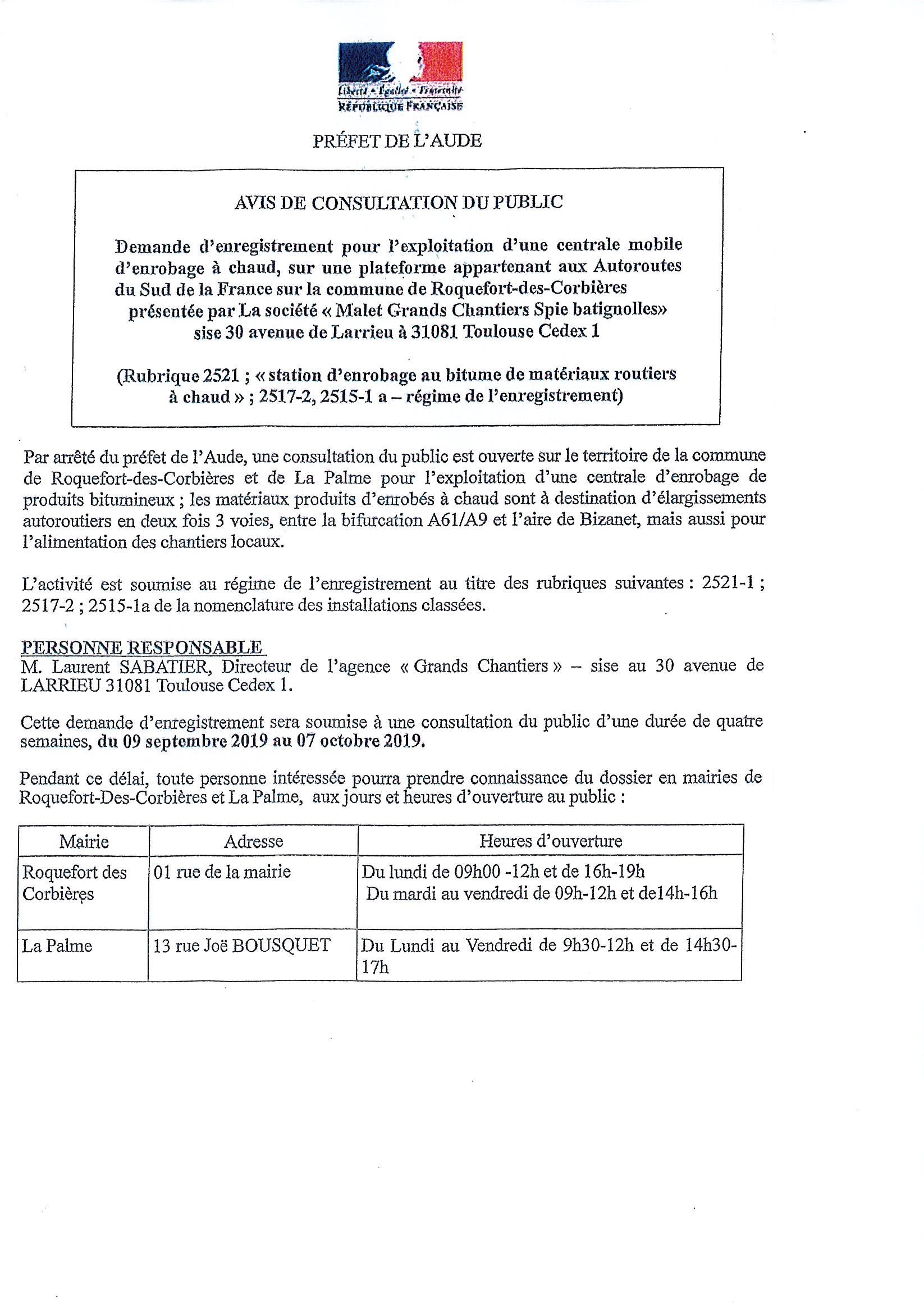 AVIS DE CONSULTATION DU PUBLIC Mairie De La Palme