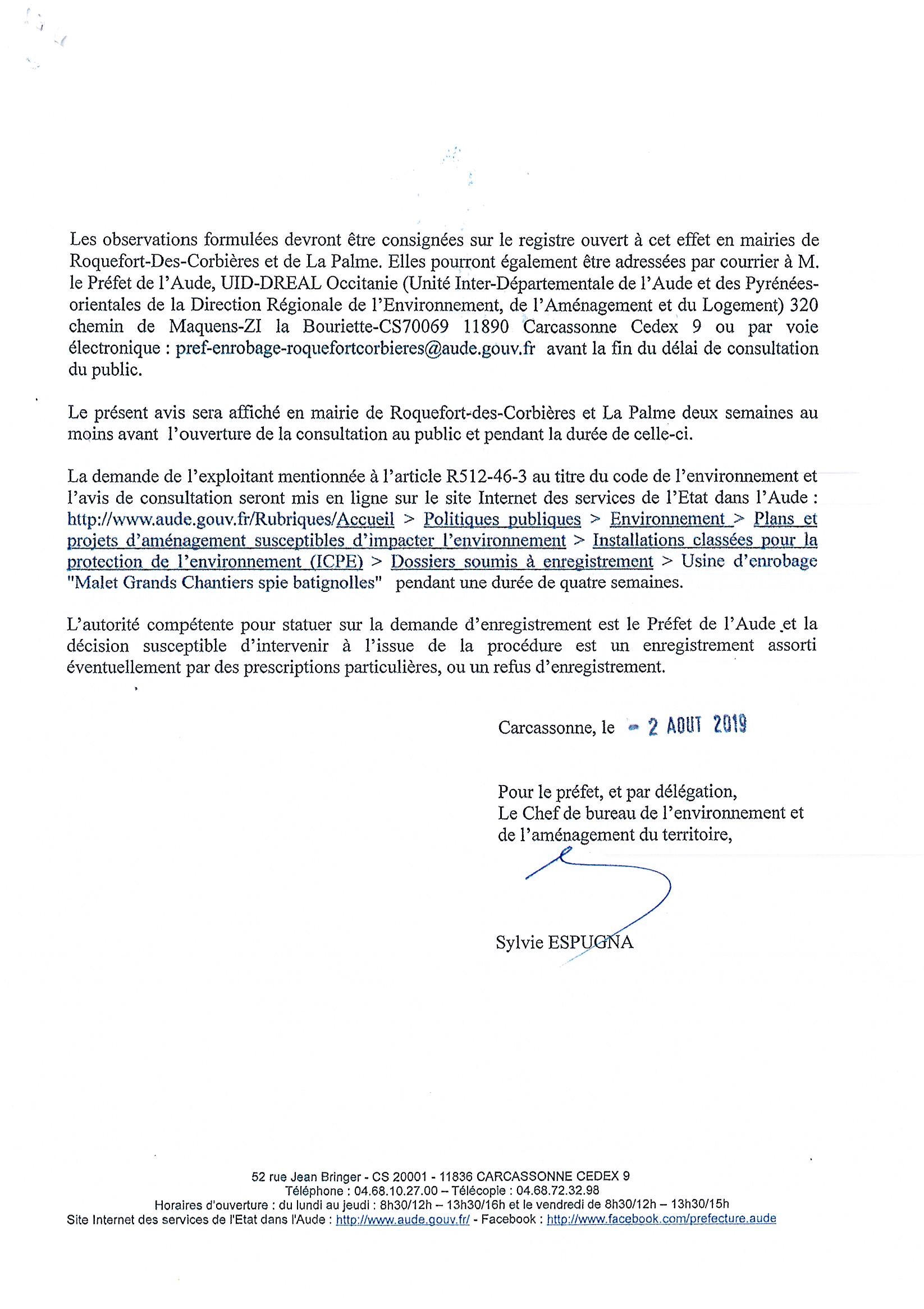 AVIS DE CONSULTATION DU PUBLIC Mairie De La Palme
